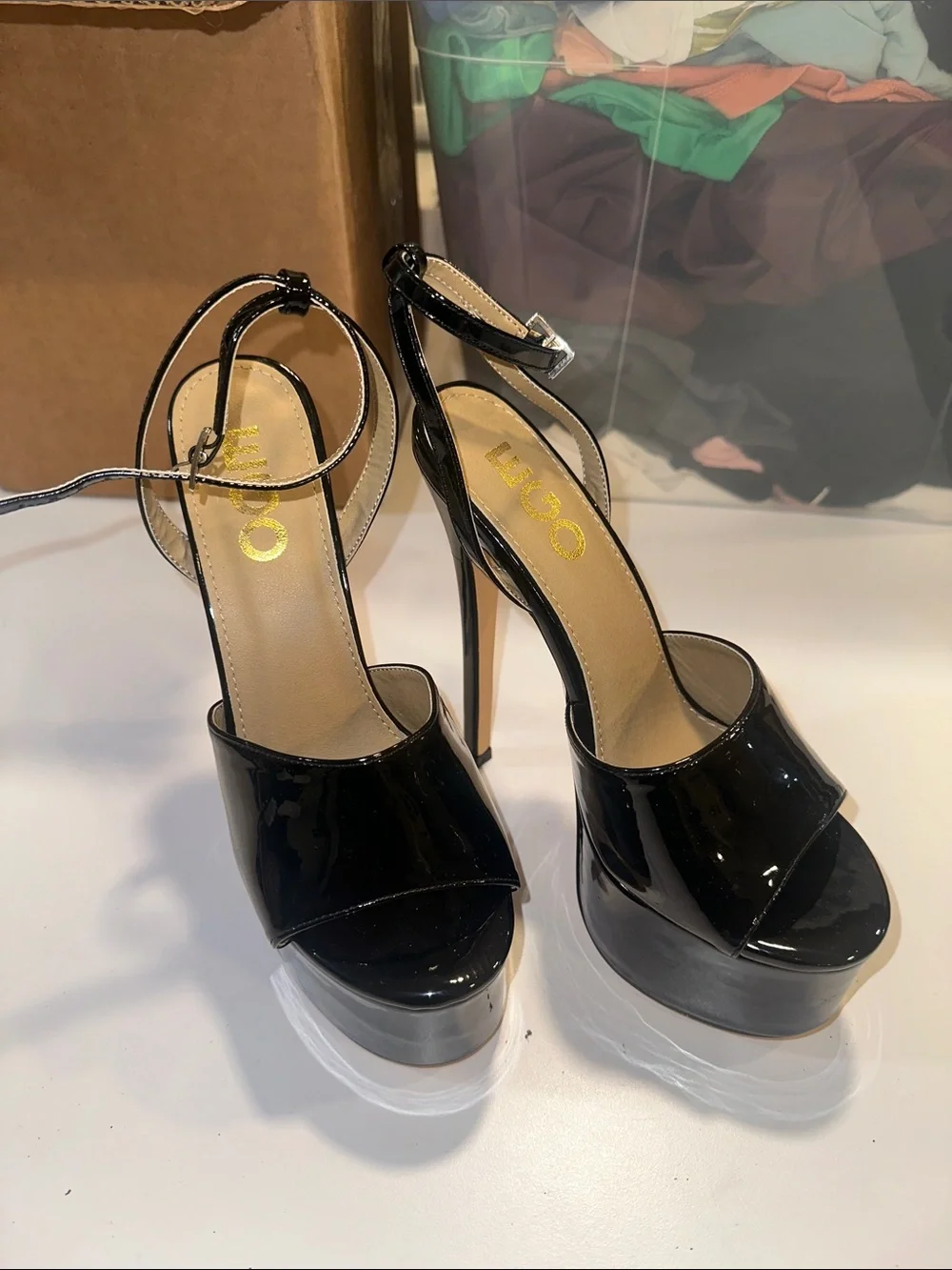 EGO Black Patent Platform Ankle-Strap Heels